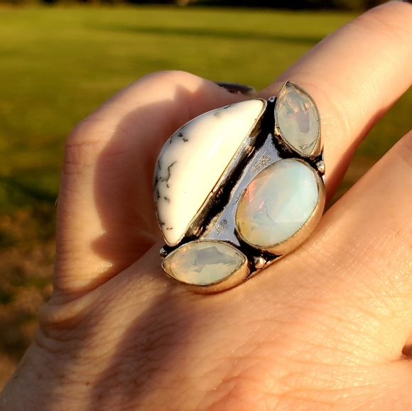 New Dendritic Opal and Milky Fire Opal 925 Silver Ring. - Picture 15 of 16